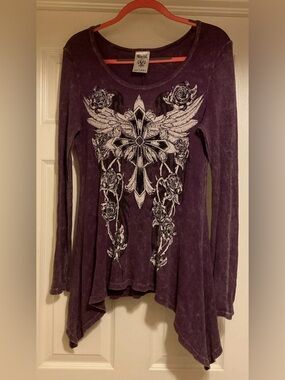 VOCAL Purple Distressed Long Sleeve Rhinestone Cross Roses Shirt